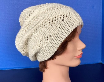 Off White Lace Slouch Hat / Ecru Hand Knit Hat Slouchy Hat / Boho Knit Hat