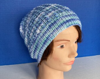 Soft Slouch Hat / Blue and White Hand Knit Hat / Slouchy Knit Hat
