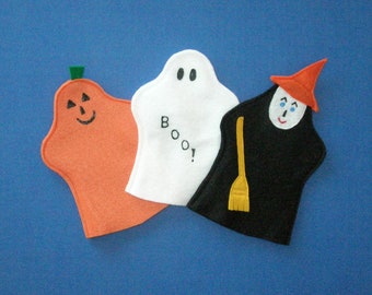 Halloween Puppet Set / Felt Ghost Witch Pumpkin / Party Favors / Toddler Hand Puppets