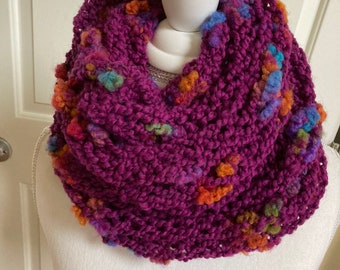 Purple Fuschia Knit Scarf / Infinity Cowl / Chunky Purple Cowl with Textures