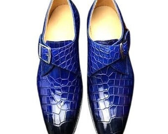 Chaussures habillées fabriquées à la main pour hommes en cuir véritable bleu et noir à imprimé crocodile et à boucle unique