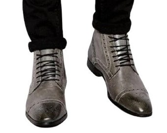 Elegant Men's Gray Leather Brogue Ankle High Boots - Handcrafted Footwear