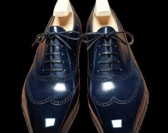 Handmade Blue Calf Leather Wingtip Oxford Men's Shoes