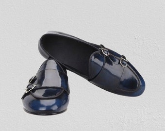 Zapatos monje dobles de cuero azul hechos a mano para hombre, zapatos de fiesta azules para hombre