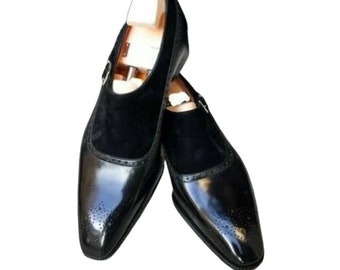 Zapatos monje formales de ante y cuero negro para hombre hechos a mano, zapatos de vestir negros para hombre