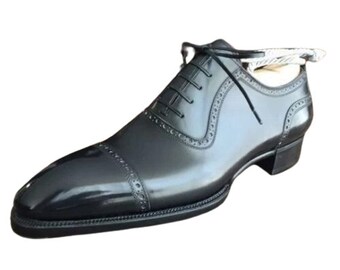 Handgemaakte Goodyear welted zwart lederen brogue Oxford-schoenen met veters