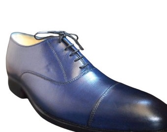 Handmade men's leather blue colour lace-up good-year welted oxfords