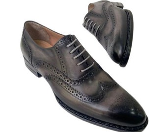 Handgefertigte Oxford-Schnürschuhe aus echtem grau-schwarz schattiertem Leder mit Wingtip-Brogue-Schuhen für Herren