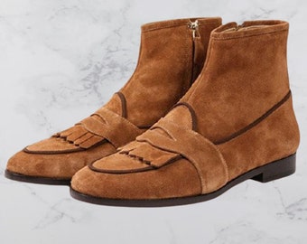 Bottines d'hiver en daim marron faites à la main pour hommes | Modèle à franges avec fermeture à glissière