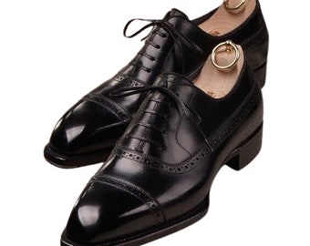 Zapatos de vestir Oxford de cuero negro para hombre, zapatos formales de cuero negro hechos a mano