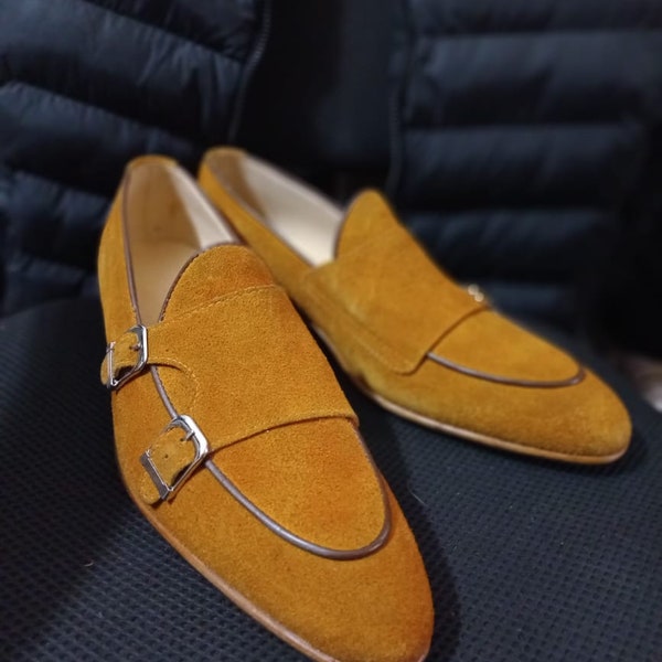 Handmade Genuine Suede Leather Double Monk Mustard Colour  Goodyear Welted Loafers for Men's