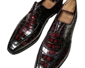 Derbies habillées à lacets en cuir de crocodile bordeaux pour hommes, chaussures habillées faites main