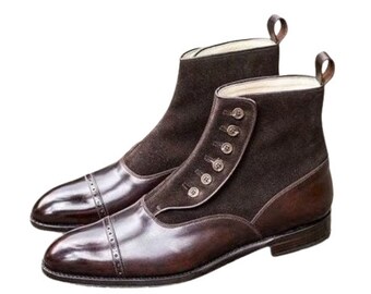 Handmade Brown Button Boots - Genuine Leather & Suede Men's Footwear