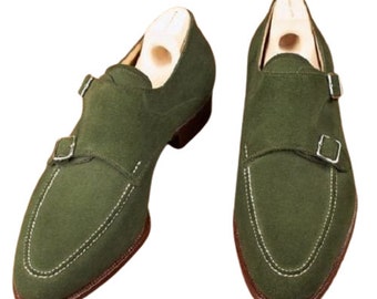 Handmade Green Leather Suede Monk Shoes, Men's Formal Party Wear Shoe, Handcrafted Men's Footwear, Suede Dress Shoes