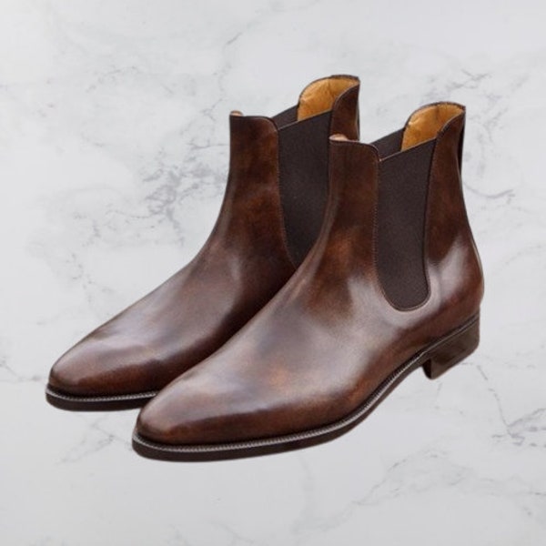 Handmade Antique Brown Chelsea Boots | Men's Real Leather Dress Boot