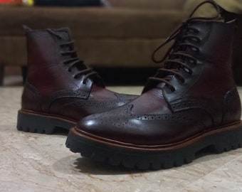 Awesome Burgundy Black Lining Brogue Ankle Boot