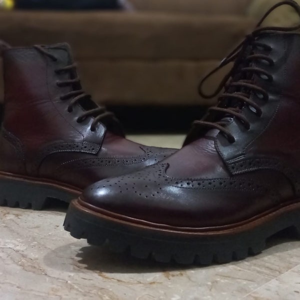 Awesome Burgundy Black Lining Brogue Ankle Boot