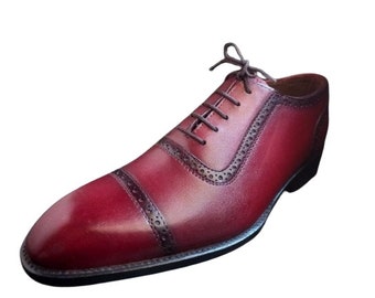 Handmade men's leather maroon colour lace-up good-year welted oxfords