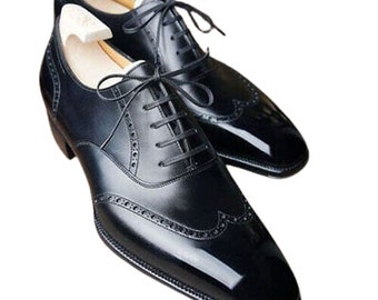 Bespoke Handmade Genuine Black Leather Oxford Lace Up Wingtip Dress Shoes