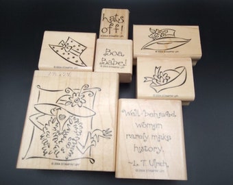 Going out in Style Stampin' Up! Stamp Set of 7-2004 Vintage, Retired Rubber & Wood, Mounted-Hats, Red Hat Lady, Word Stamps, Saying