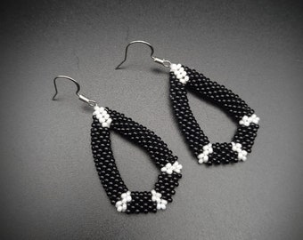 Black and White Beaded Teardrop Earrings-Contemporary Geometric Hand Woven Beaded Earrings