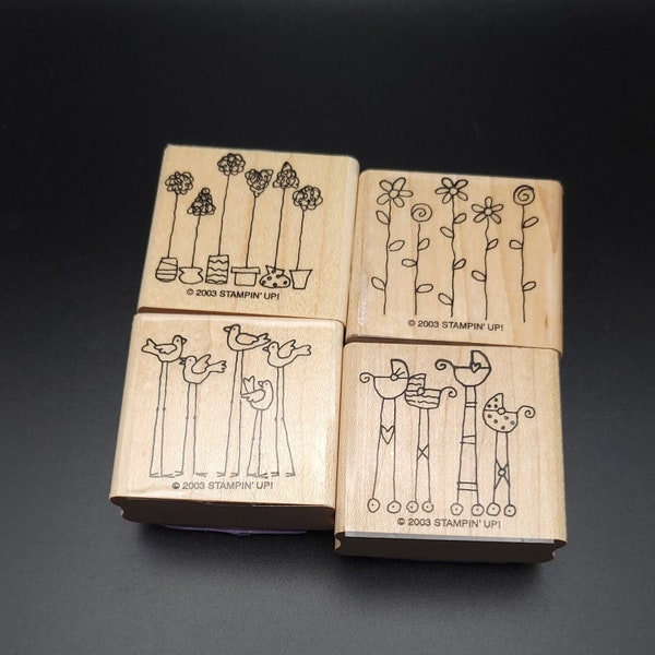 Simple Somethings Stampin' Up! Stamp Set-Vintage, Retired 2003-Set of 4-Floral, topiary, Birds, Baby Carriage Mounted Stamps on Wood Blocks