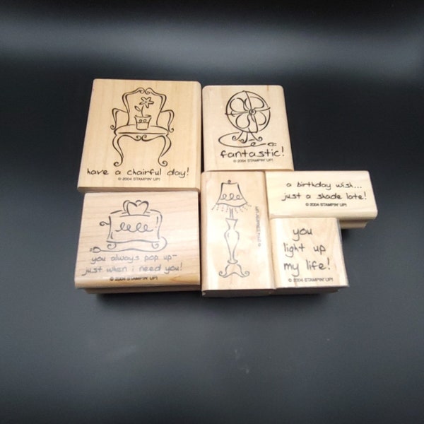 Furnished with Love Stampin' Up! Stamp Set of 6-2004 Vintage-Retired-Mounted Rubber Stamps on Wood Blocks-Chair, Toaster, Fat, Lamp, Words