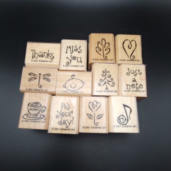 Year-Round Cheer Stampin' Up! Stamp Set of 12-2001 Vintage, Retired-Wood-Tree, Baby, Cup, Heart, Note, Flower, Leaf, Thanks, Miss You