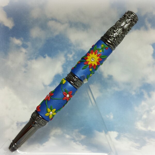 Victorian Pen-Polymer Clay Embroidery Pen-Floral Pen with Swarovski Crystals-European Baroque Pen-Gunmetal Pen-Orange & Yellow Flowers