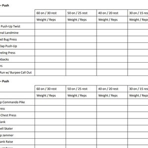 May include: A black and white table with text that reads "Week 1 - Push" and "Week 3 - Push". The table lists a workout routine with different exercises, sets, and reps. The table is divided into four columns, each representing a different workout intensity level.