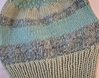 257 Gorgeous hand knit knitted hat watchcap beanie cap aqua seafoam heather tweed merino mint silk mediumweight OS supersoft #257