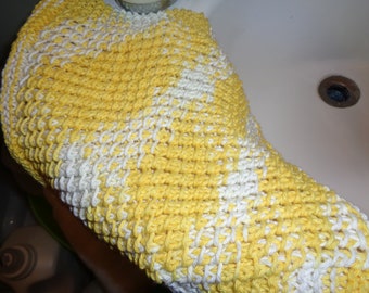 ONE Hand knit 100 % cotton spa bath washcloth dish cloth baby wipe  eco friendly yellow white stripe   open weave thick mix match exfoliate