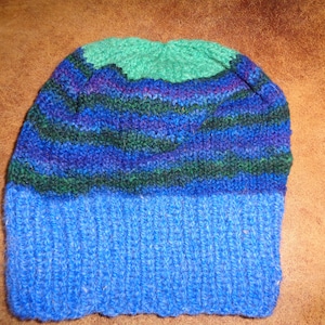 162 Hand knit hand dyed merino and natural wool lanolin hat knitted watchcap cap beanie blue green purple  denim men women teens OS #162