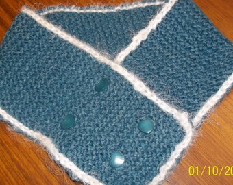 Hand knit llama silk short scarf scarflette neckwarmer teal white heart buttons