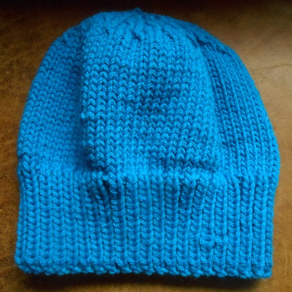 Hand knit knitted Peruvian Highland wool hat watch cap beanie men women teens peacock blue bulky one size