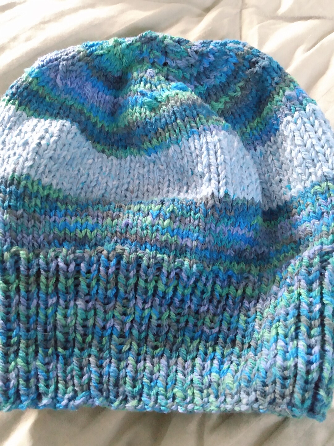 143 Hand Knit Hat Knitted Watch Cap Beanie Blue Gray Green  display picture 3