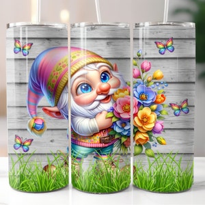 Pretty Gnome 20oz Tumbler Wrap, Gnome Tumbler Design, Straight Skinny Tumbler Wrap PNG, Digital Download, Floral Gnome Tumbler Design