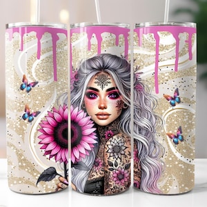 Tattoo Girl Tumbler Wrap Design, 20oz Sunflower Girl Tumbler Design PNG, Digital Download, Sublimation Design PNG