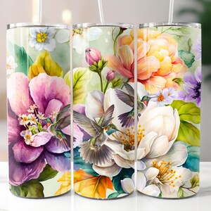Floral Hummingbird 20oz Tumbler Design, Straight Skinny Tumbler Wrap PNG, Digital Download, 20oz Sublimation Design, Hummingbird PNG