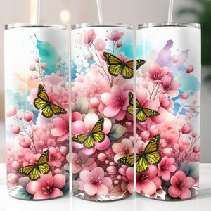 Butterfly Design 20oz Tumbler Wrap, Straight Skinny Tumbler Design, Butterflies and Flowers, Sublimation Design, PNG Digital Download