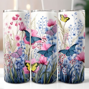 Floral Butterfly Design 20oz Tumbler Wrap, Straight Skinny Tumbler Design, Butterflies and Flowers, Sublimation Design, PNG Digital Download