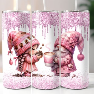 Pretty Pink Coffee Gnome 20oz Skinny Tumbler Design, Instant Digital Download PNG, 20oz Tumbler Sublimation Design, Gnome Tumbler Wrap PNG