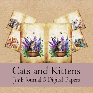 Carnet cartonné chats et chatons, journal pour chats, 5 pages de journal numérique, créations créatives en papier imprimable, papier journal 11 x 8,5