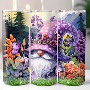 Pretty Gnome 20oz Skinny Tumbler Design, Instant Digital Download PNG, 20oz Tumbler Sublimation Design, Gnome Tumbler Wrap PNG
