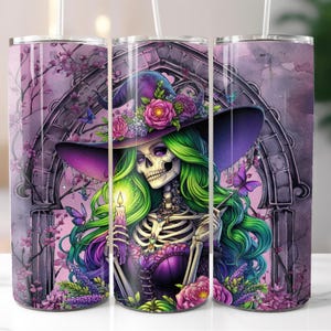 Skeleton Witch 20oz Tumbler Wrap Design, Straight Skinny Tumbler Wrap PNG, Digital Download PNG, Witch Sublimation Design