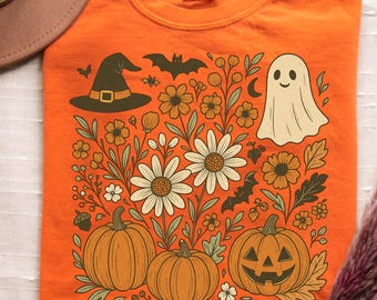 Boho Halloween Floral Shirt, HalloweenTee, Retro Fall Tshirt, Autumn Vibes Shirt, Cottage Core Ghost Tee, Halloween Floral Ghost Shirt