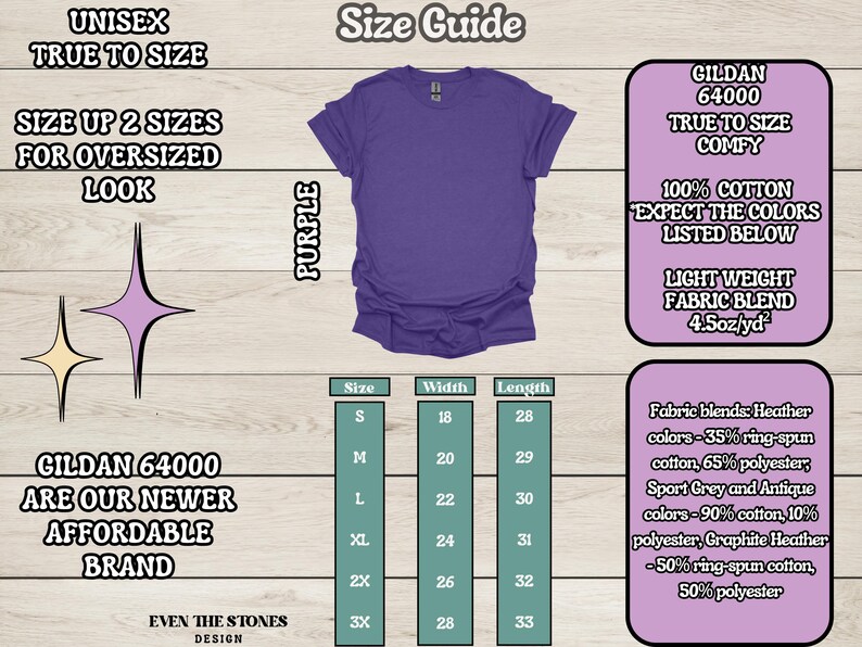 May include: A purple Gildan 64000 t-shirt, displayed on a wooden surface. The image includes a size guide with measurements in inches and fabric details. Text on the image reads "Unisex True to Size" and "Size up 2 sizes for oversized look."