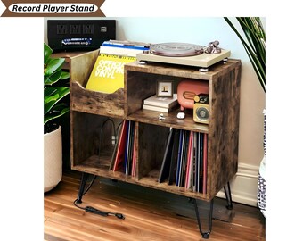 Mid Century Modern Record Player Stand & Vinyl Storage - Turntable Shelf Cabinet Console - Record Display Holder Organizer for Vinyl Records