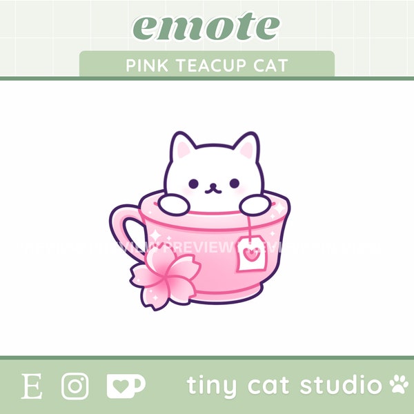 Teacup Cat Emote for Twitch or Discord | Kawaii, Cute White Cat | Pink Sakura Blossom Tea