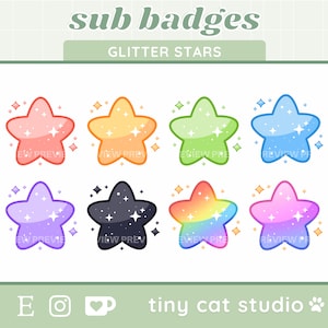 Peut inclure: Huit badges en forme d'étoile de différentes couleurs avec des accents de paillettes. Les étoiles sont dans des tons de rose, orange, vert, bleu, violet, noir, arc-en-ciel et rose clair.